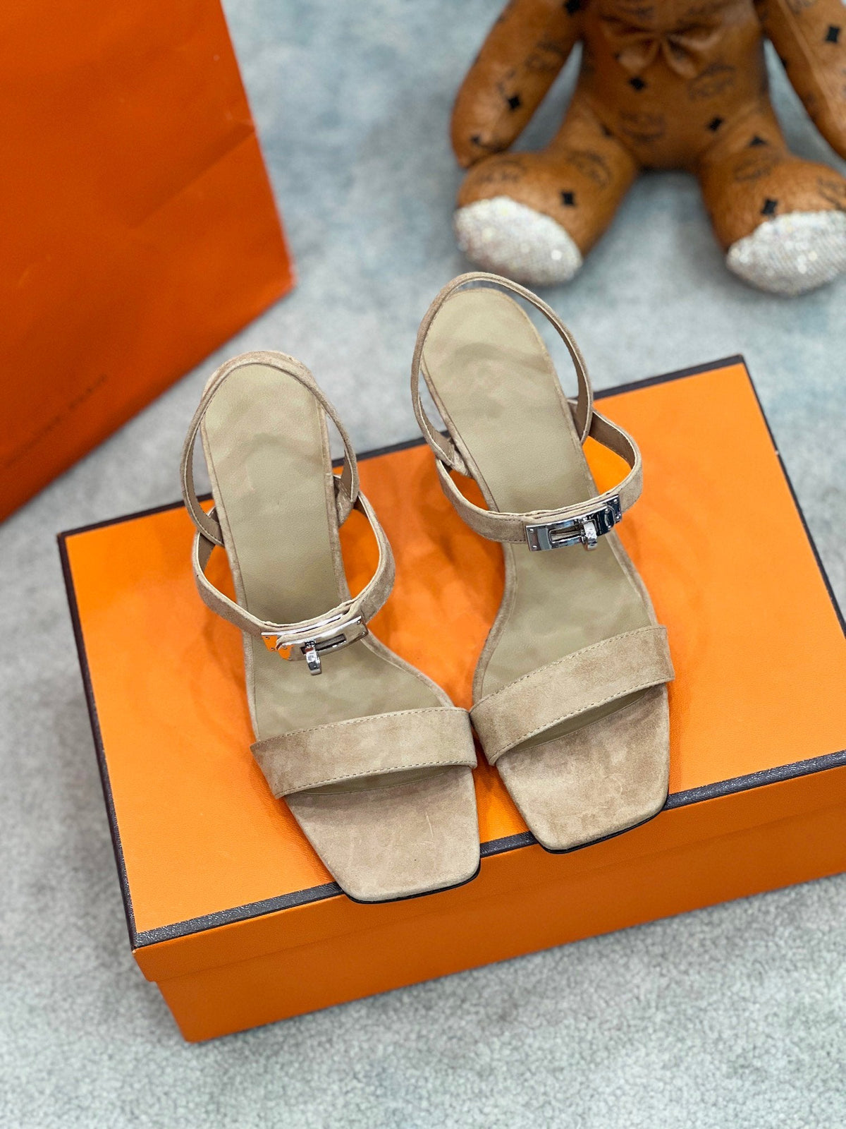 HERMES Glamour 75 Sandal Light Brown Suede