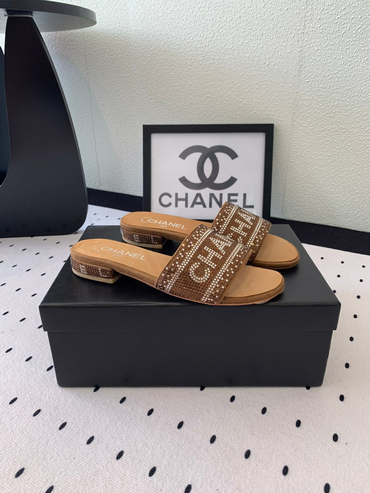 CHANEL RHINESTONE LETTER SLIPPERS CINNAMON BROWN LAMBSKIN