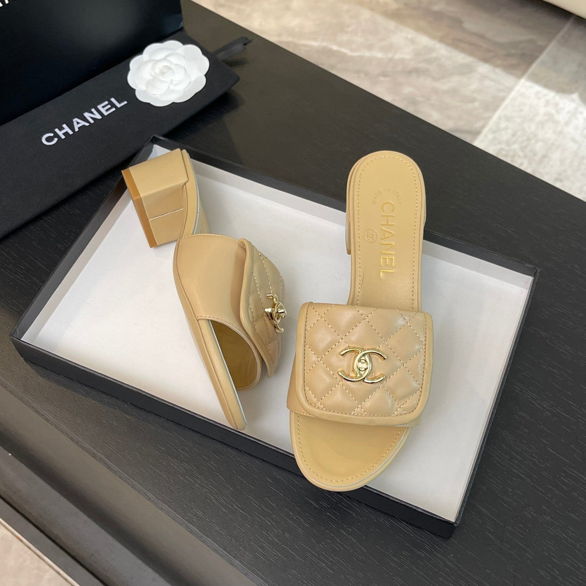 CHANEL MID-HEEL 5 CM MULE IN TUSCAN BEIGE LAMBSKIN