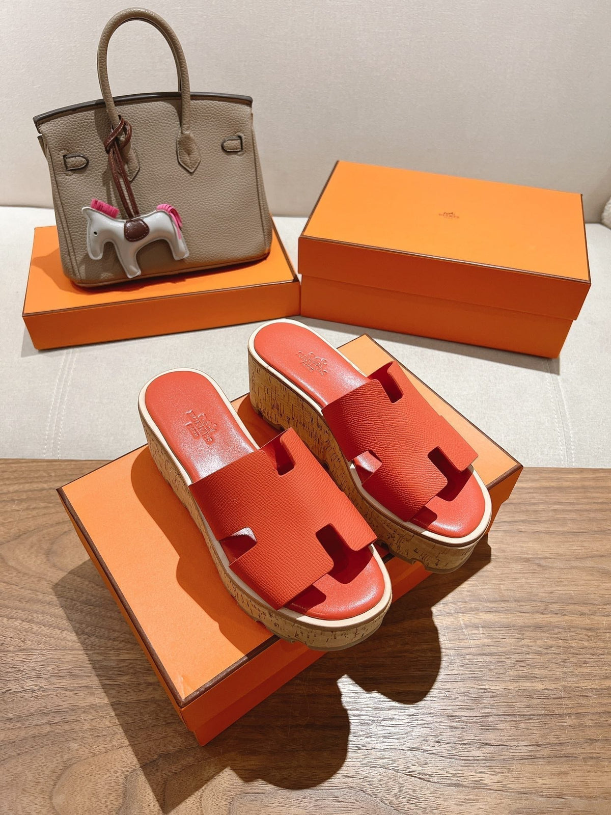 HERMES 25S HIGH WEDGE SANDALS IN DARK ORANGE LAMBSKIN STYLE 33
