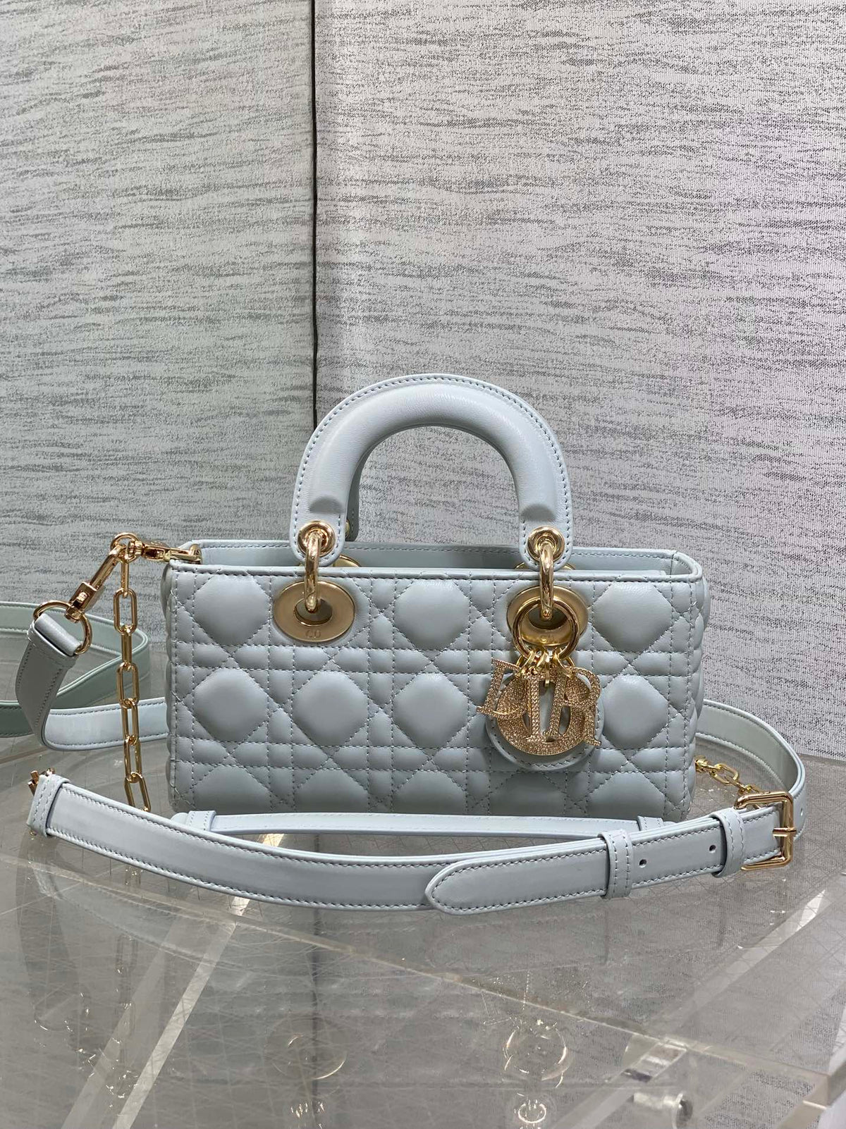 DIOR 25S SMALL LADY D‑JOY BAG 22 IN SHIRT BLUE CALFSKIN GOLD HARDWRE