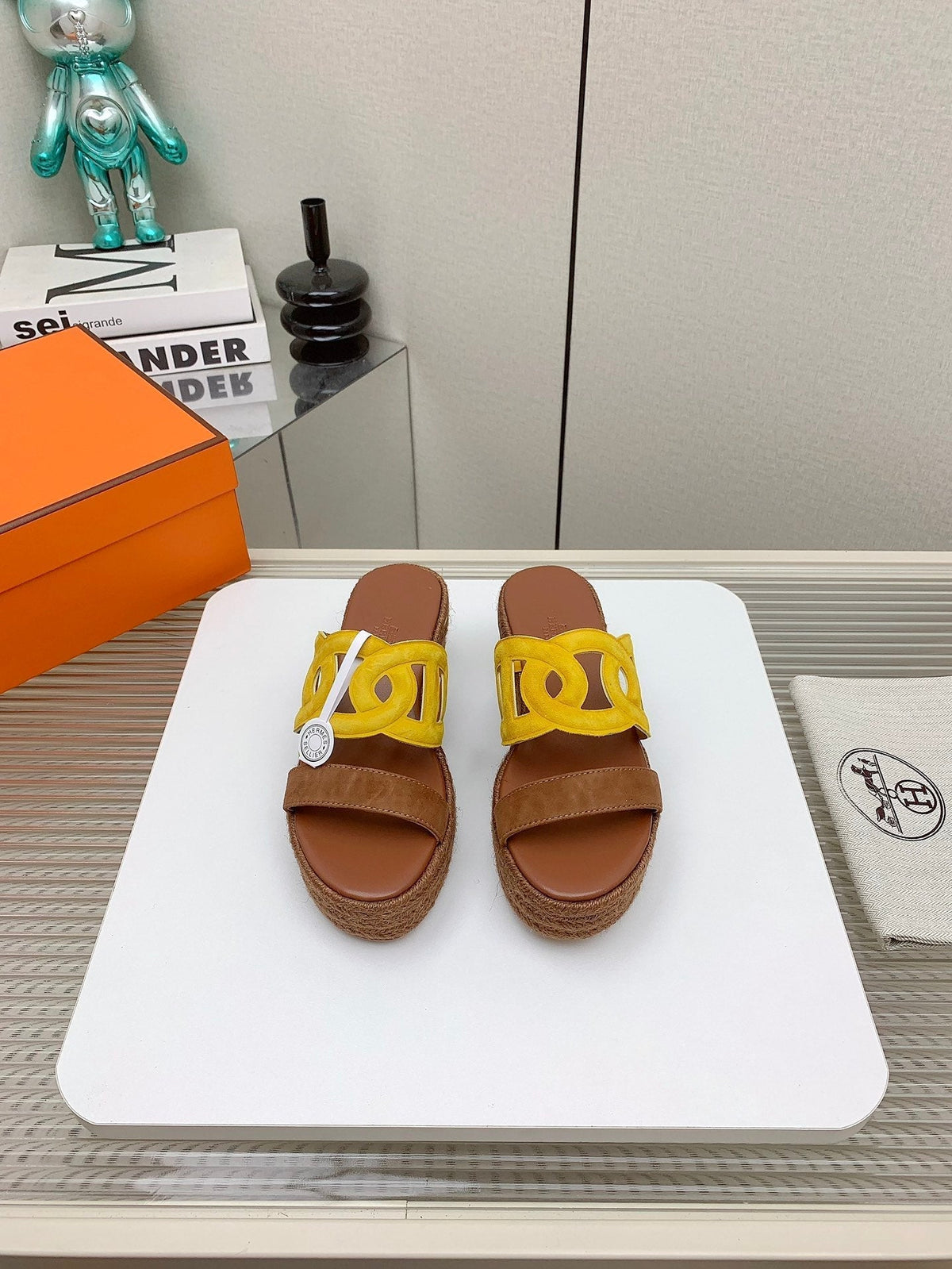 HERMES ITHEA 85 MM ESPADRILLE IN BRONZE BROWN AND AMBER YELLOW SUEDE