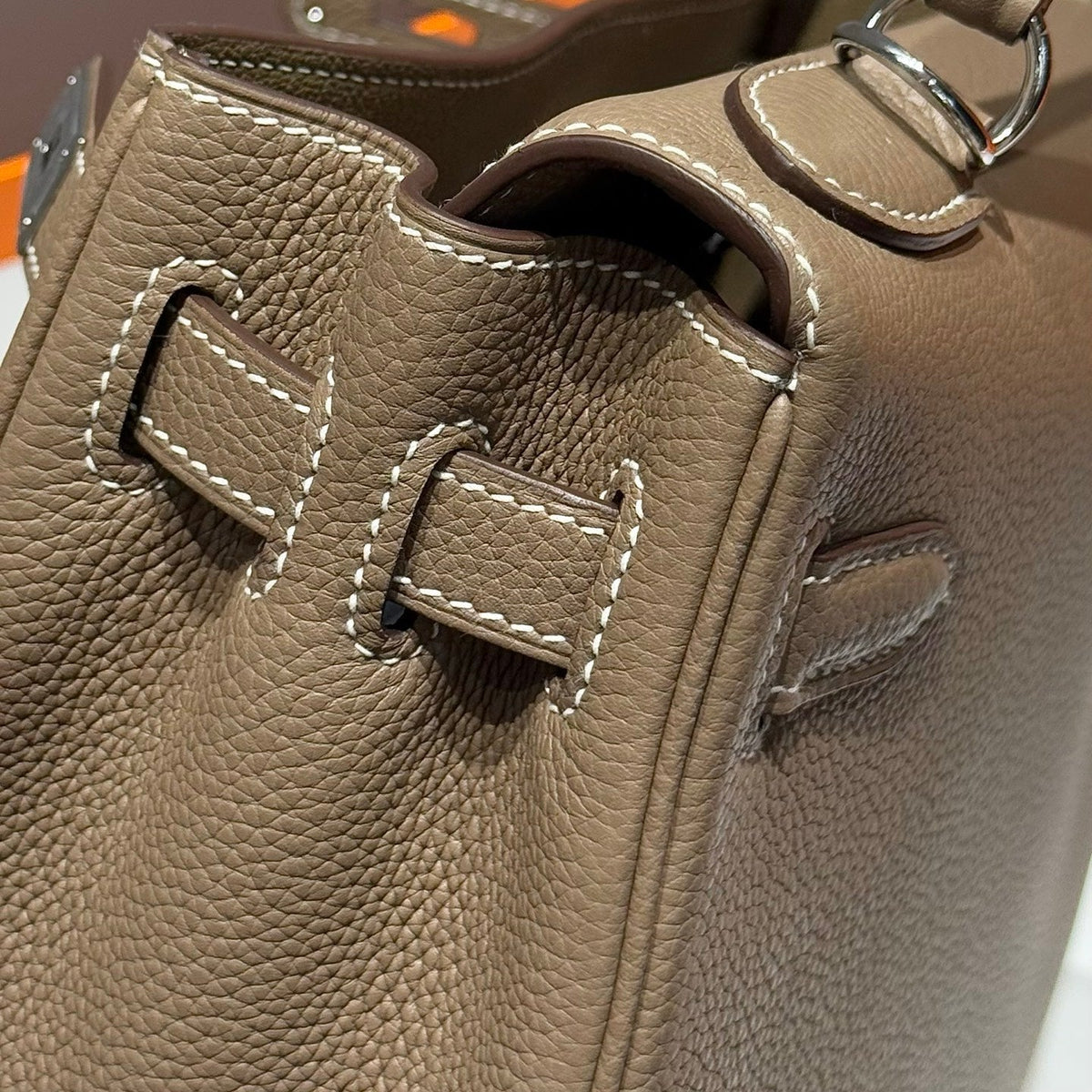 HERMES 25S KELLY BAG 28 IN ETOUPE EPSOM CALFSKIN SILVER HARDWARE