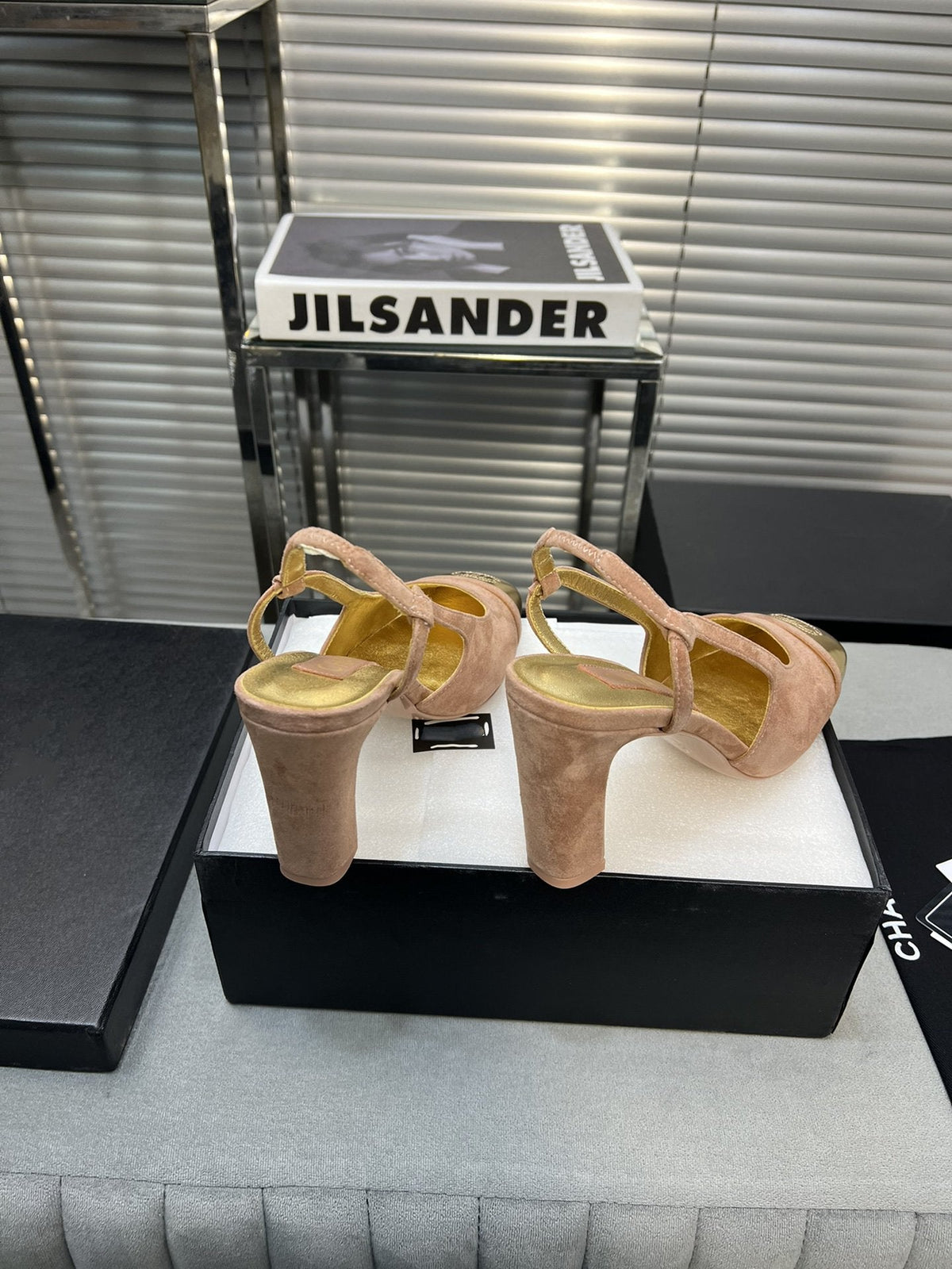CHANEL slingback rose suede gold metalic lambskin square toe 9.5