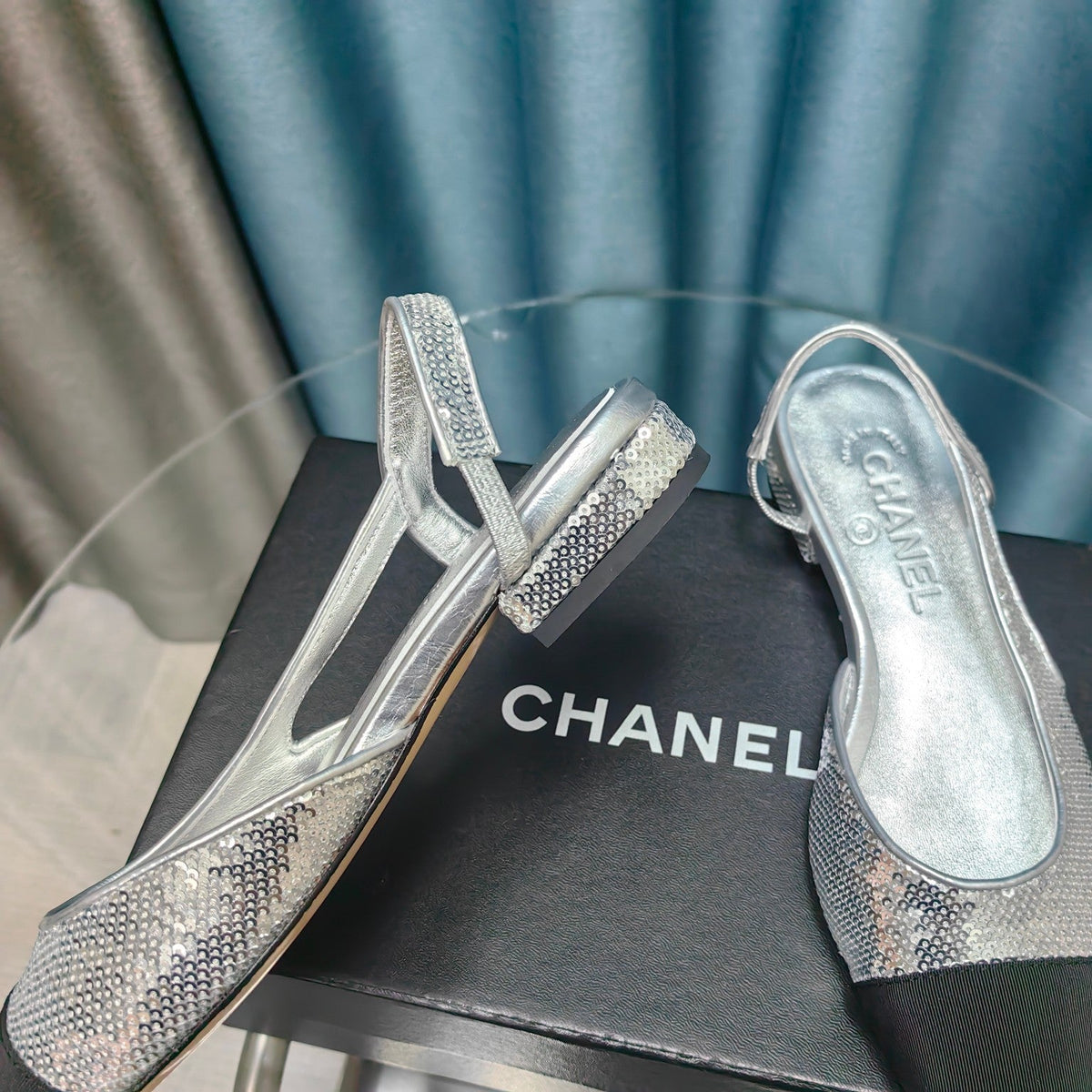 CHANEL SLINGBACKS IN GLITTER SILVER LAMBSKIN