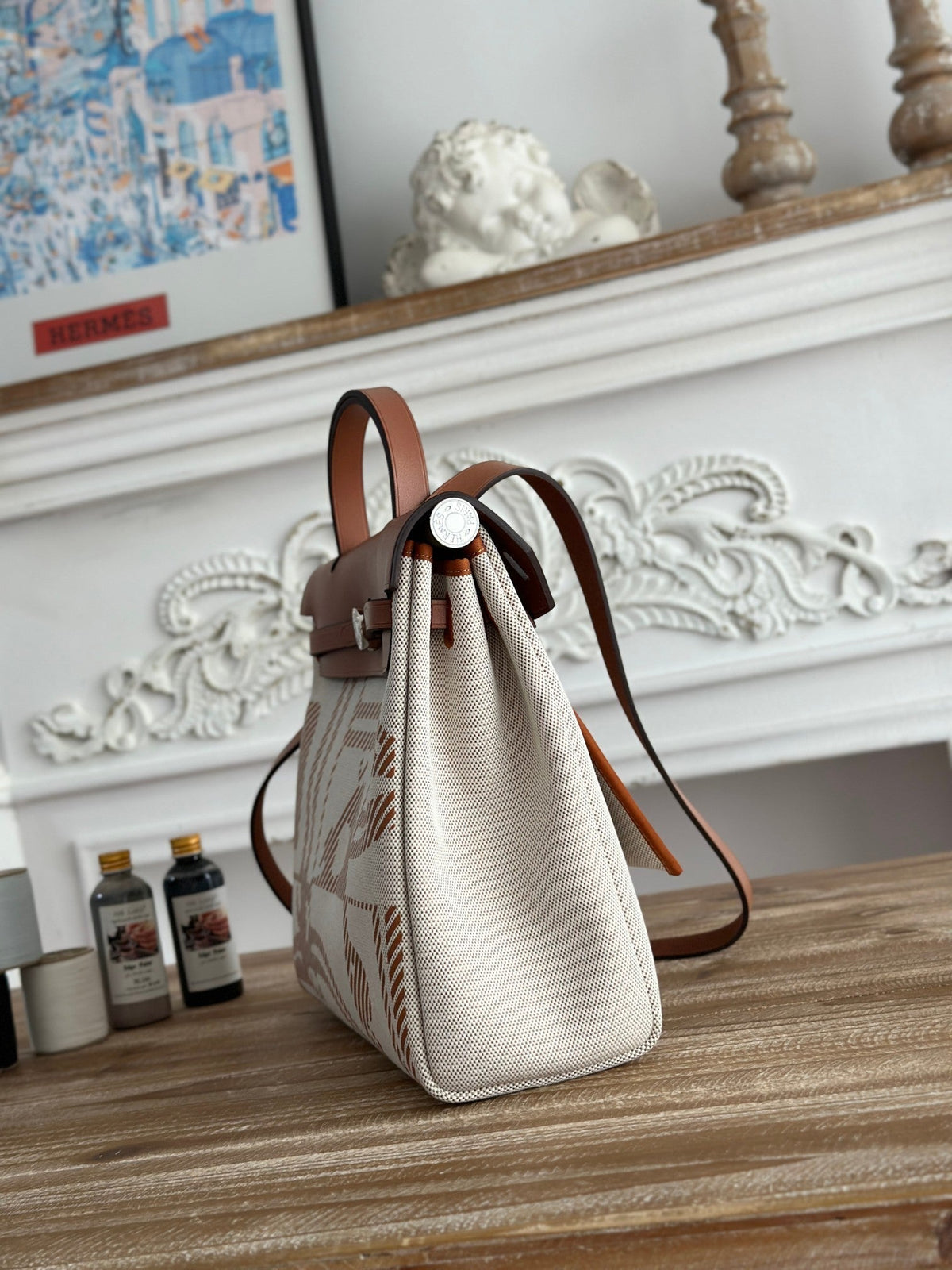 HERMES BOLSO HERBAG ZIP 31 RETOURNE BAG IN OFF-WHITE MIX BROWN H VIKING CANVAS AND COWHIDE