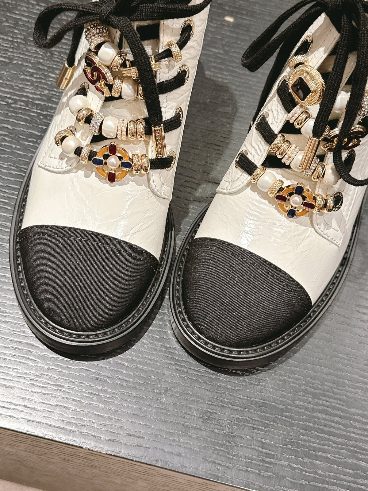 CHANEL OXFORD SHORT BOOTS WHITE MIX BLACK SHEEPSKIN