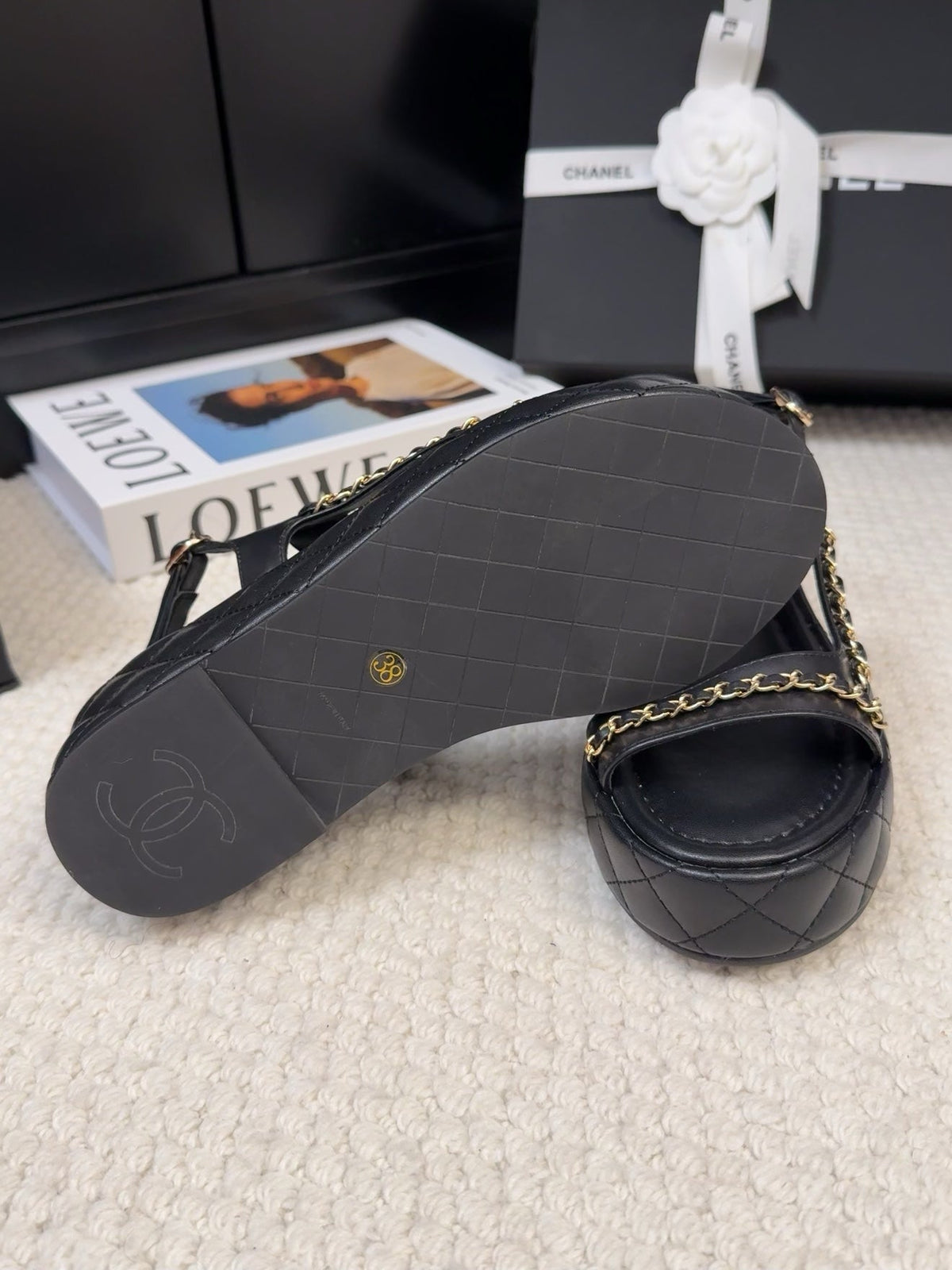 CHANEL THICK-SOLED SANDALS 55 MM IN BLACK CALFSKIN