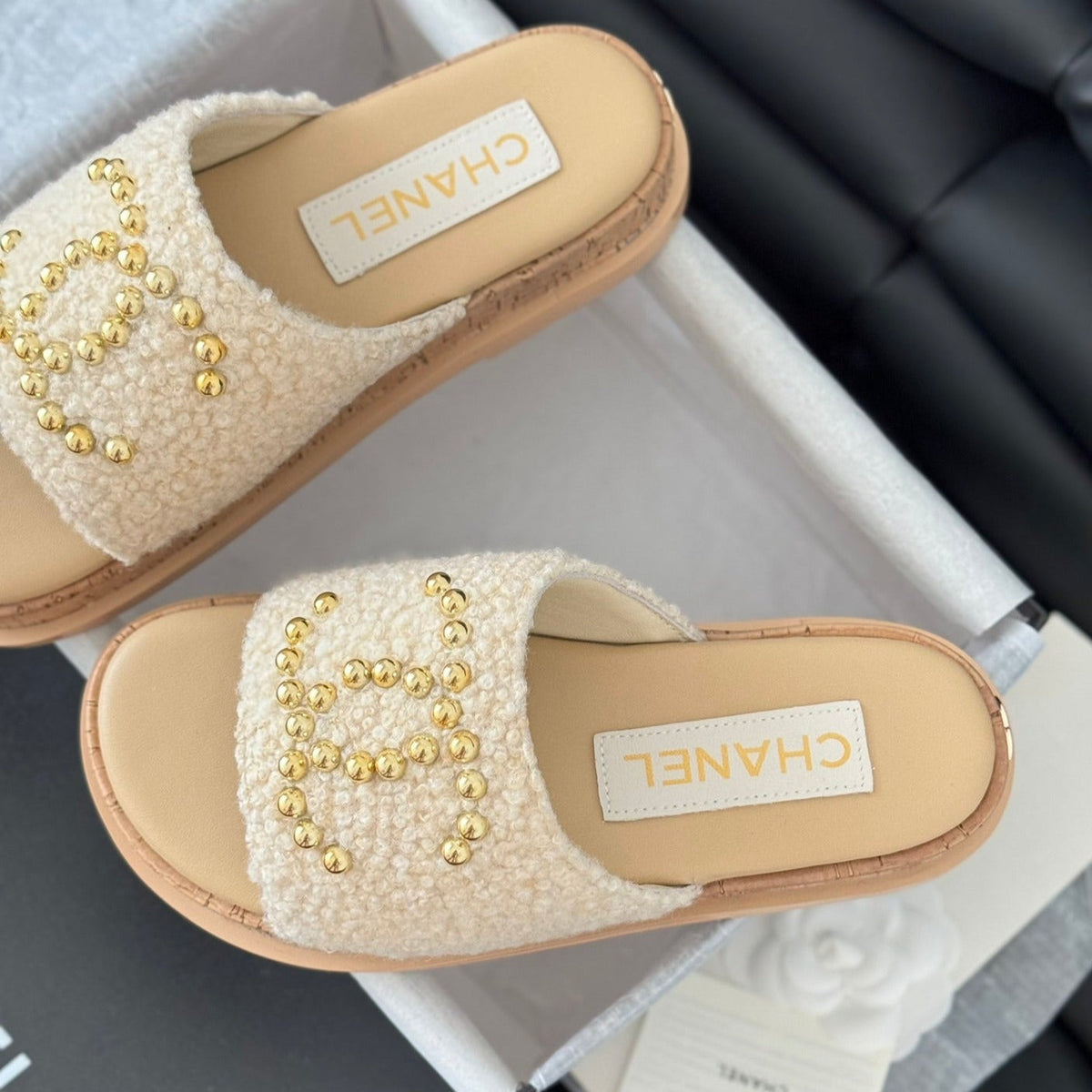 CHANEL Slippers Platform Lambskin Beige Cream