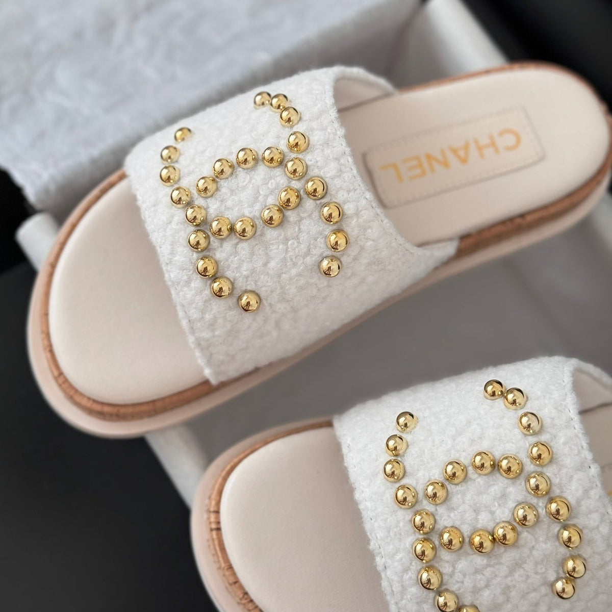 CHANEL Slippers Platform Lambskin White Cream